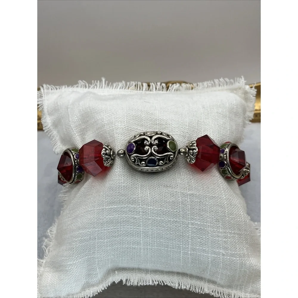 Ornate Ruby Red Glass Beaded Bracelet Enamel Silver Tone Royal Romantic Castle
